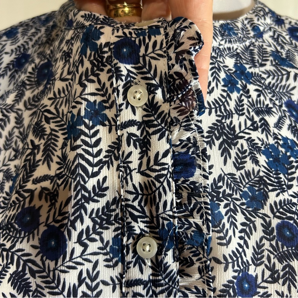 J.Crew Blue Floral Crinkle Puff-Sleeve Ruffle Button-Up Top - Picture 8 of 16